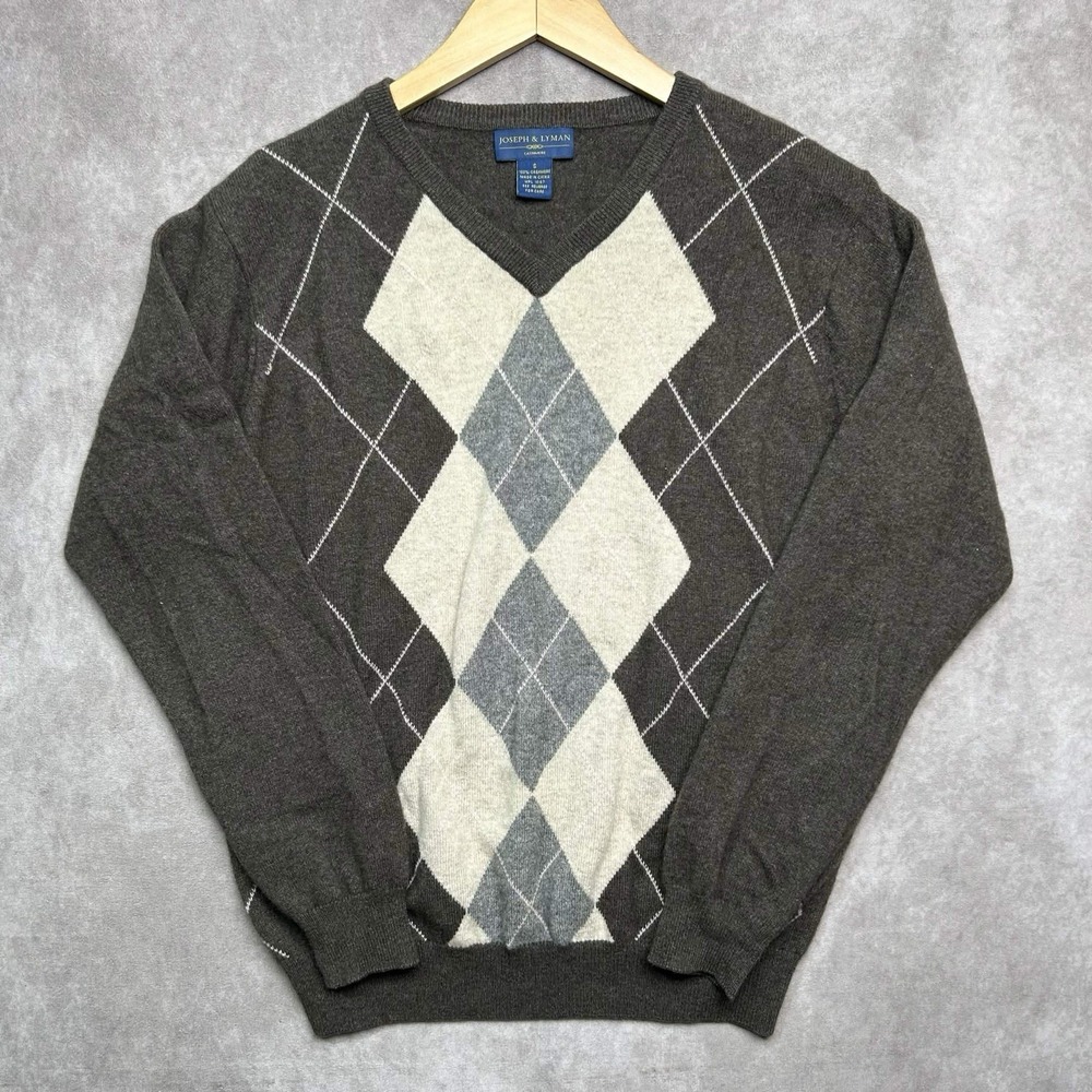Joseph & Lyman Cashmere Sweater Mens Small Gray Brown Argyle V Neck Knit